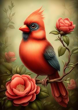 Red Cardinal with Pink Flowers