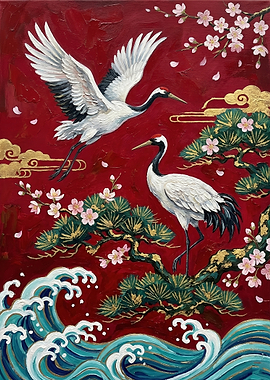 Cranes and Cherry Blossoms Painting