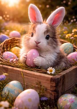 Cute Bunny with Easter Eggs in a Basket
