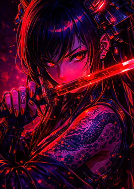 Cyberpunk Anime Samurai with Dragon Tattoo