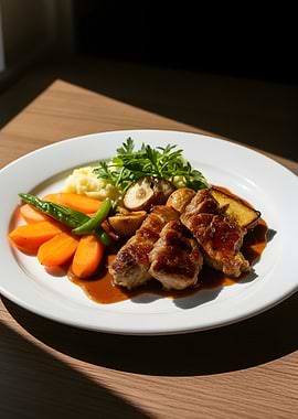 Gourmet Pork Dish with Mashed Potatoes and Vegetables