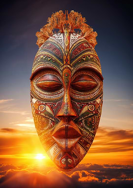 Tribal Mask in Sunset Sky