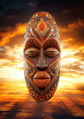 African Tribal Mask at Sunset