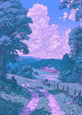 Serene Countryside Path with Pink Clouds