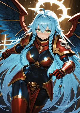 Anime Warrior with Blue Hair and Wings