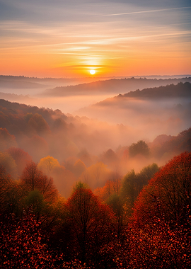 Misty Autumn Forest Sunrise