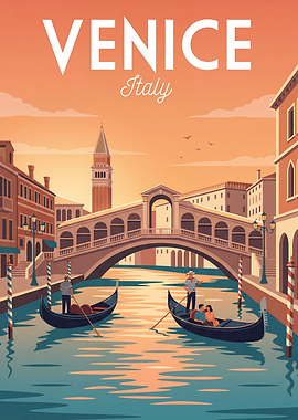 Venice Canal with Gondolas and Bridge