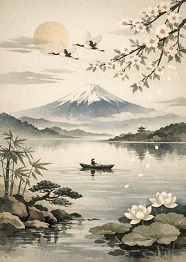 Serene Japanese Landscape with Mount Fuji