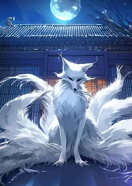 Mythical White Fox with Nine Tails
