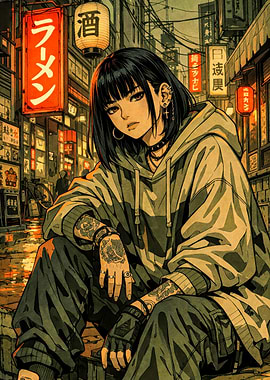 Anime Girl in Japanese Cityscape