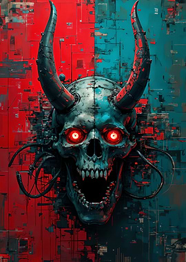 Cyberpunk Demon Skull with Red and Teal Background