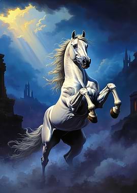 Majestic White Horse Rearing Up