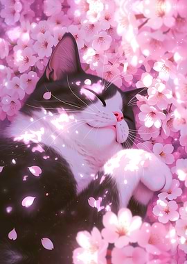 Cute Cat Sleeping Among Cherry Blossoms ~ Dreaming ~