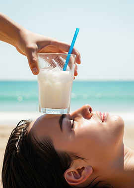 Woman with drink on beach