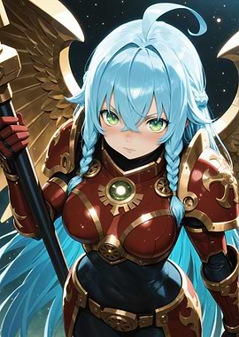Anime Warrior with Blue Hair and Wings