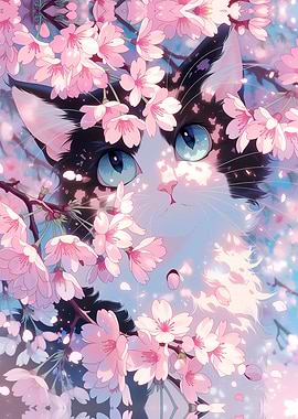 Cute Cat Among Cherry Blossoms ~ Maine Coon With Blue Eyes ~