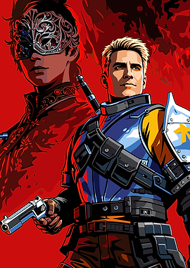 Two characters in a dramatic red background