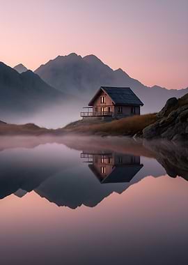 Serene Mountain Cabin Reflection at Dawn