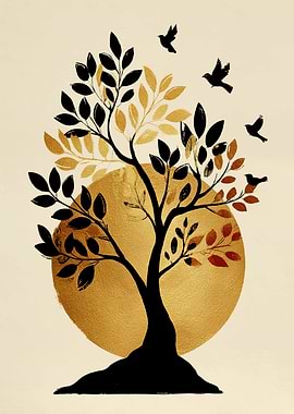 Abstract Tree with Birds and Golden Sun