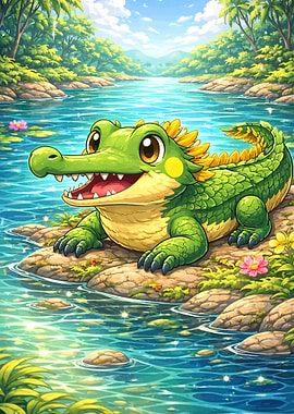 Cute Cartoon Alligator by the River