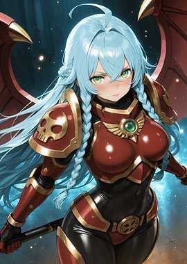 Anime Warrior with Blue Hair and Red Armor