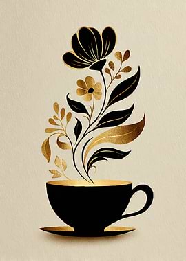 Black and Gold Floral Coffee Cup