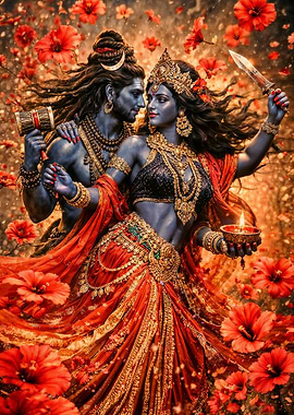 Shiva and Kali in a Floral Setting