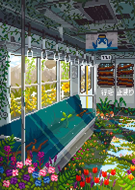 Overgrown Train Interior with Flowers