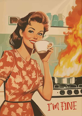 Woman drinking coffee with kitchen fire