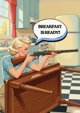 Retro Woman with Rifle Announces Breakfast