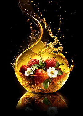 Strawberries in golden liquid splash