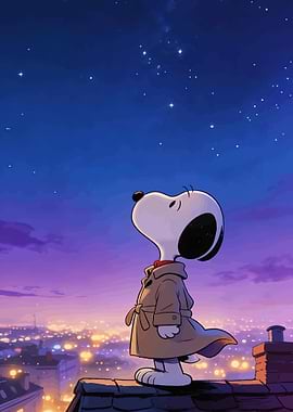 Snoopy looking at stars on a rooftop