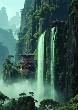 Ancient Temple Amidst Misty Mountains and Waterfall