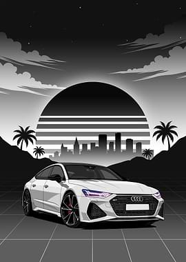 Retro White Audi RS7 Cityscape Sunset
