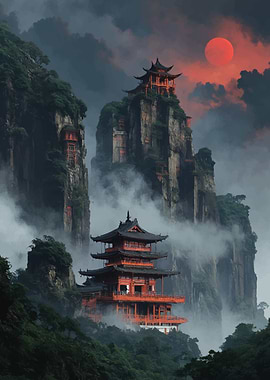 Misty Mountain Temples at Sunset