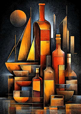 Abstract Still Life with Bottles and Sailboat