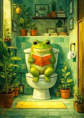 Frog Reading a Book on Toilet