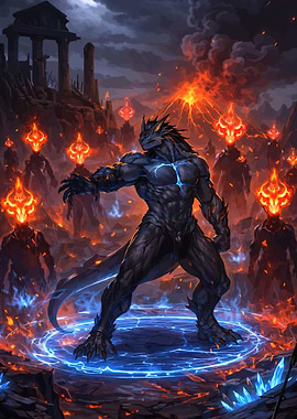 Dragon Warrior in Fiery Landscape