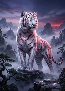 Mystical White Tiger in Misty Mountains