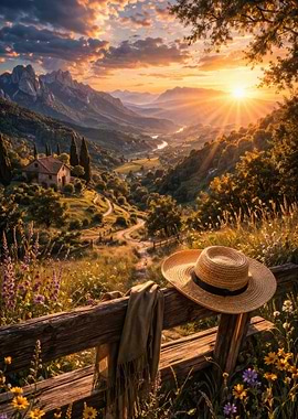 Sunset over Tuscan Valley with Straw Hat