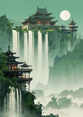Majestic Asian Pagodas Amidst Waterfalls