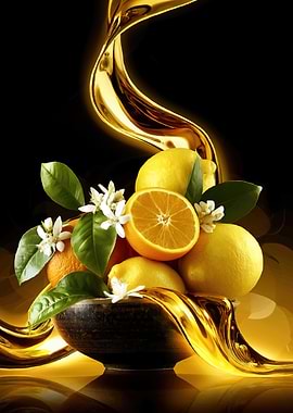 Citrus fruits with golden oil splash