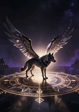 Winged Wolf on Mystical Circle