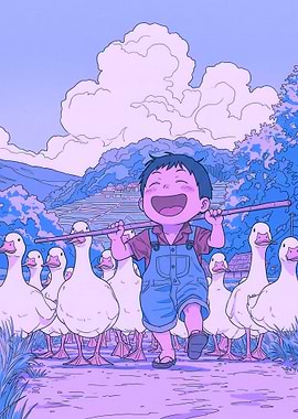 Boy Herding Ducks in a Pastoral Landscape