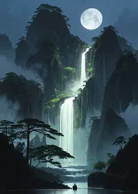 Serene Waterfall Landscape with Moon