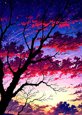 Anime Sunset Sky with Silhouetted Trees