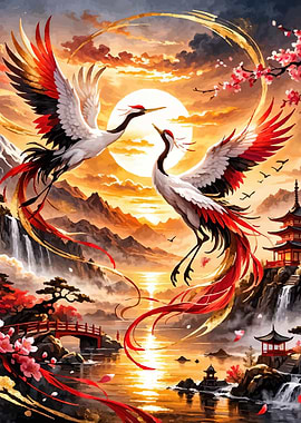 Cranes in a Japanese Landscape