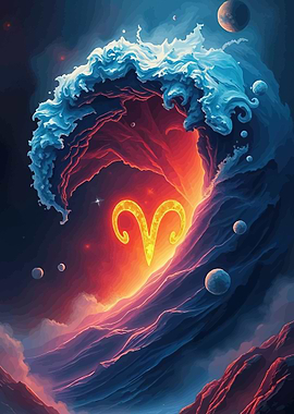 Aries Zodiac Symbol in Cosmic Wave