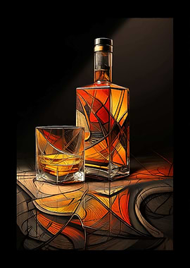 Abstract Whiskey Bottle and Glass