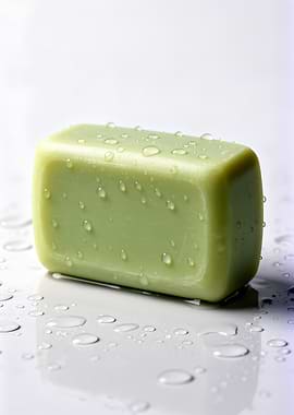 Green bar of soap with water droplets